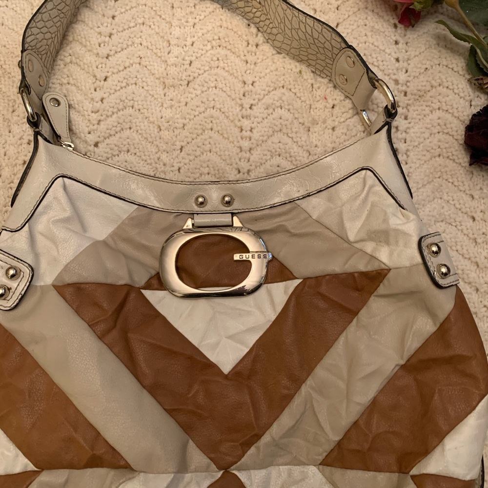 Euc Guess Brown White Tan Leather Shoulder Bag Pu… - image 6